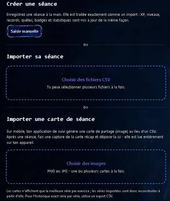 Écran d'import de séance