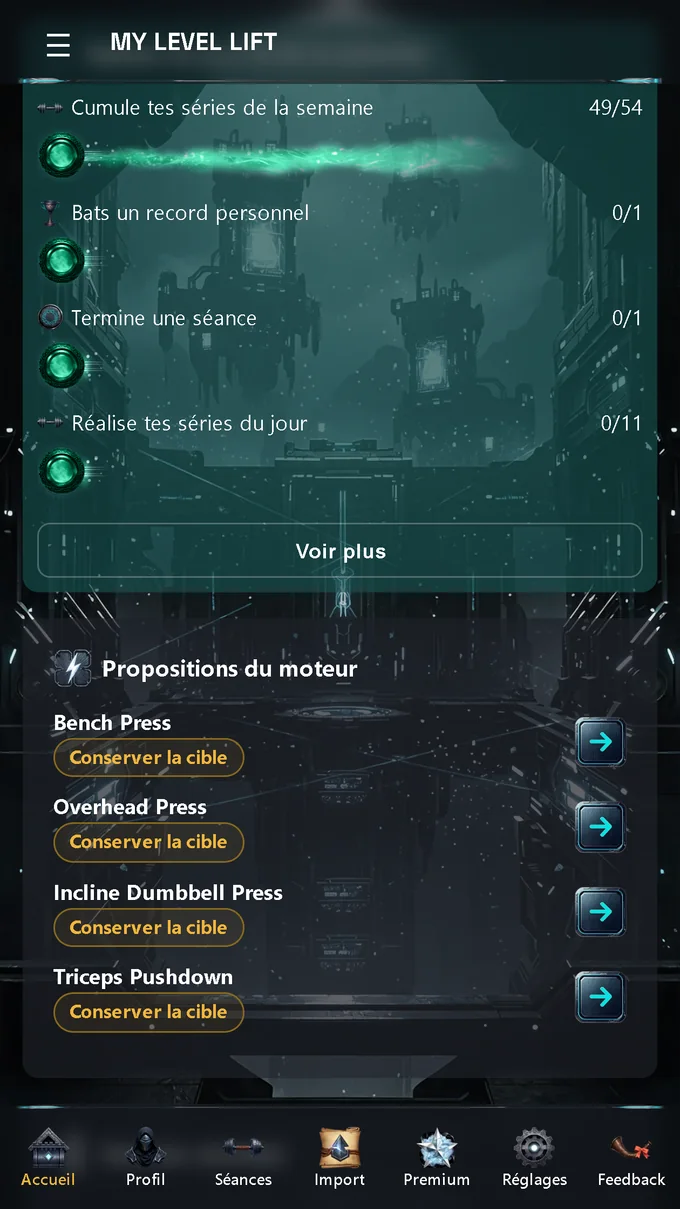 Tableau de bord MY LEVEL LIFT : quêtes du jour et de la semaine, et propositions du moteur par exercice