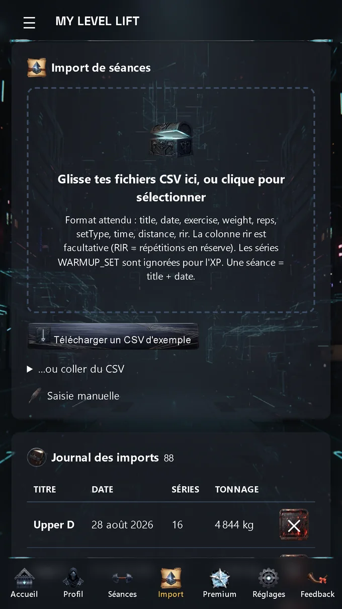 Écran d'import de MY LEVEL LIFT : dépôt de fichiers CSV, format attendu et journal des imports