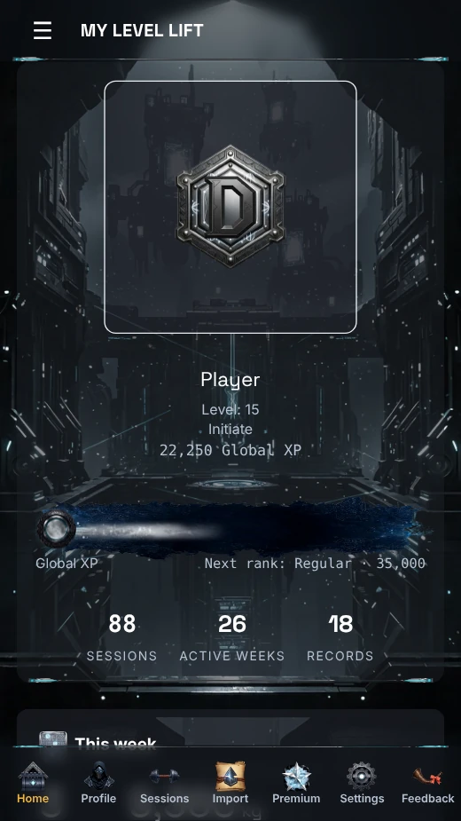 MY LEVEL LIFT dashboard: Initiate rank, 22,250 global XP, 88 imported sessions and 18 personal records