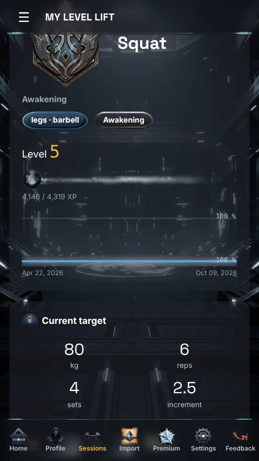 Squat exercise sheet in MY LEVEL LIFT: Awakening tier, level 5, XP bar and current target of 4 sets of 6 at 80 kg