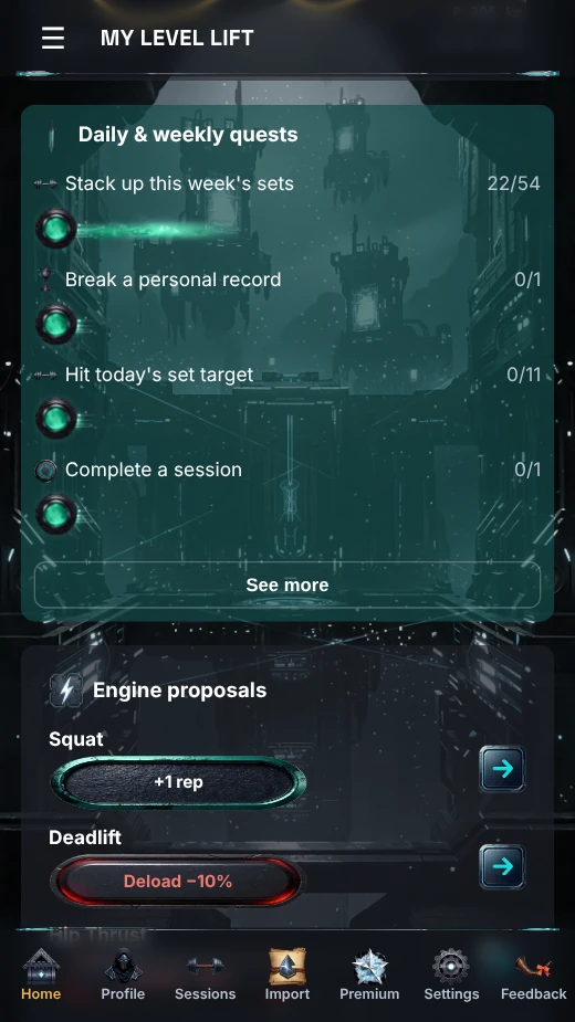 MY LEVEL LIFT dashboard: daily and weekly quests, and engine suggestions per exercise