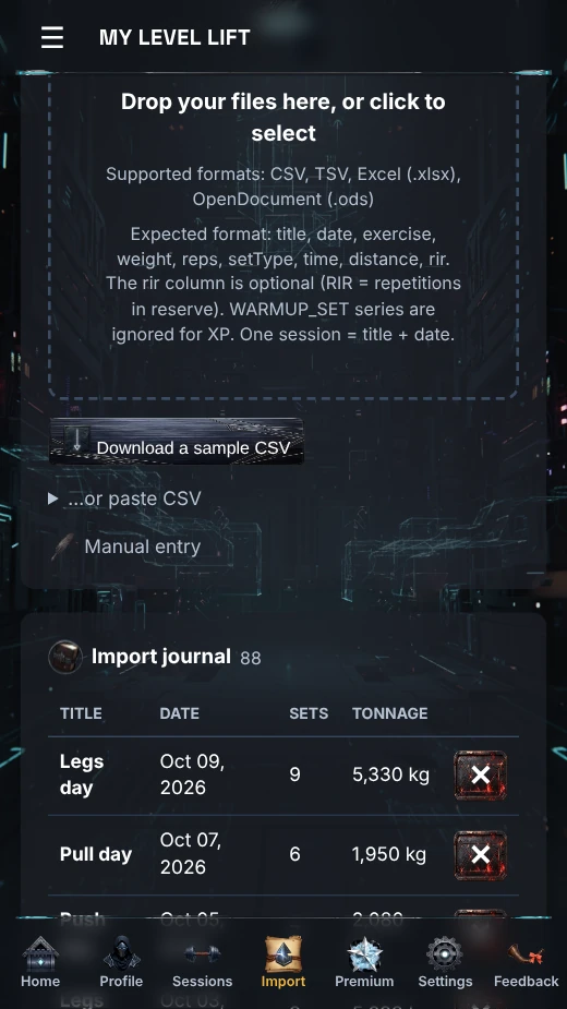 MY LEVEL LIFT import screen: CSV file drop, expected format and import log