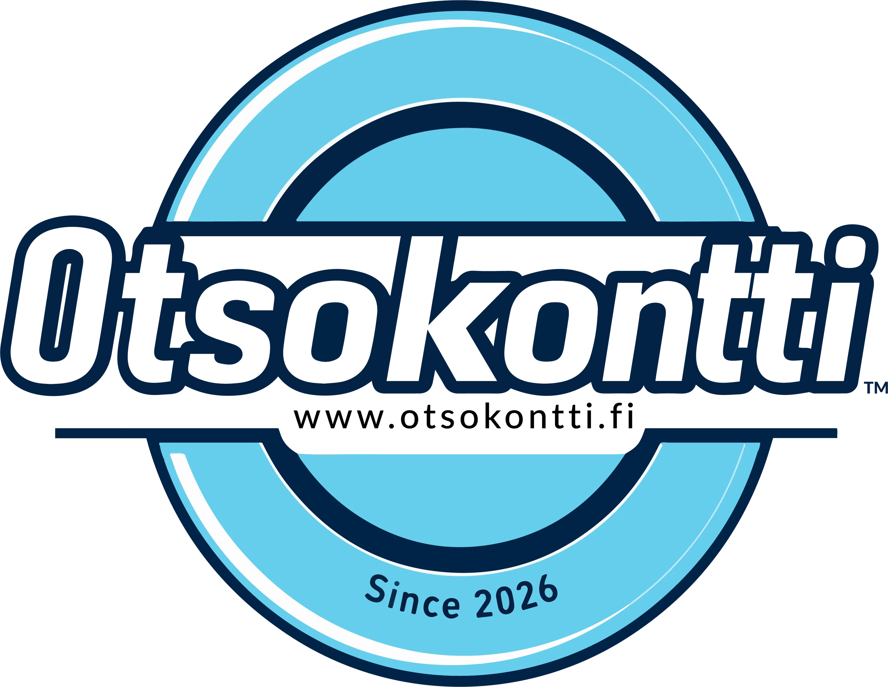 Otsokontti-logo, jossa on vaaleansininen ympyrä, jota ympäröi tummansininen ja valkoinen rengas. Ympyrän keskellä on tummansininen teksti "Otsokontti" ja alaosassa kaarevasti "Since 2026".