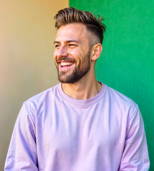Smiling young man with styled hair and beard wearing a light purple shirt against a green and beige background.