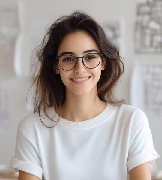 Smiling young woman with glasses and loose dark hair wearing a white shirt indoors.