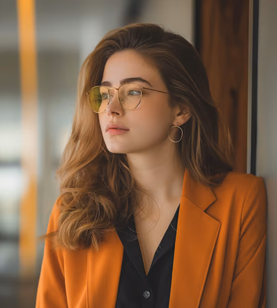 Young woman with glasses and hoop earrings wearing an orange blazer looking thoughtfully to the side.