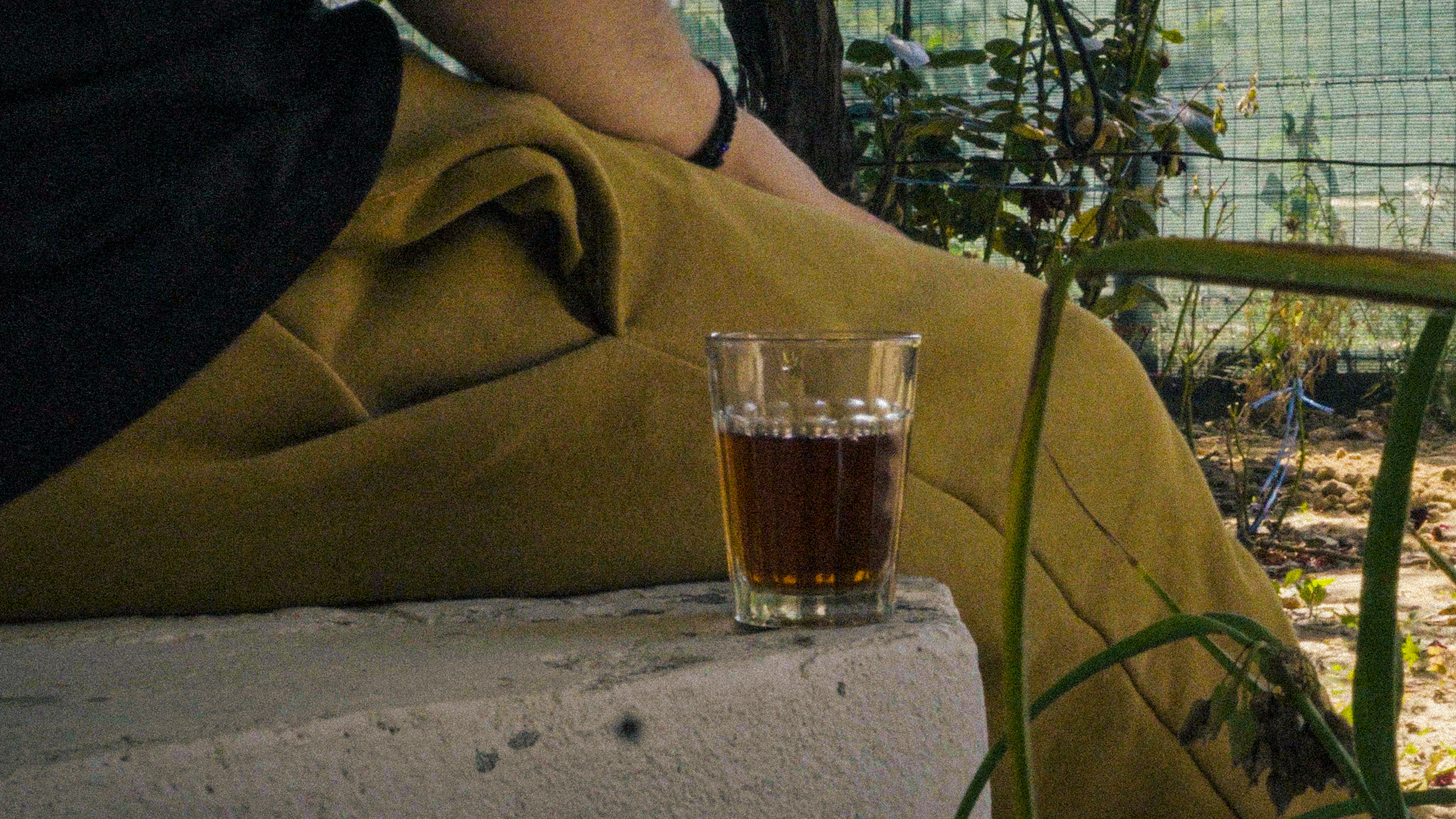 A person standing in a yard, having next to him a glass of a fine drink, Mintollet.