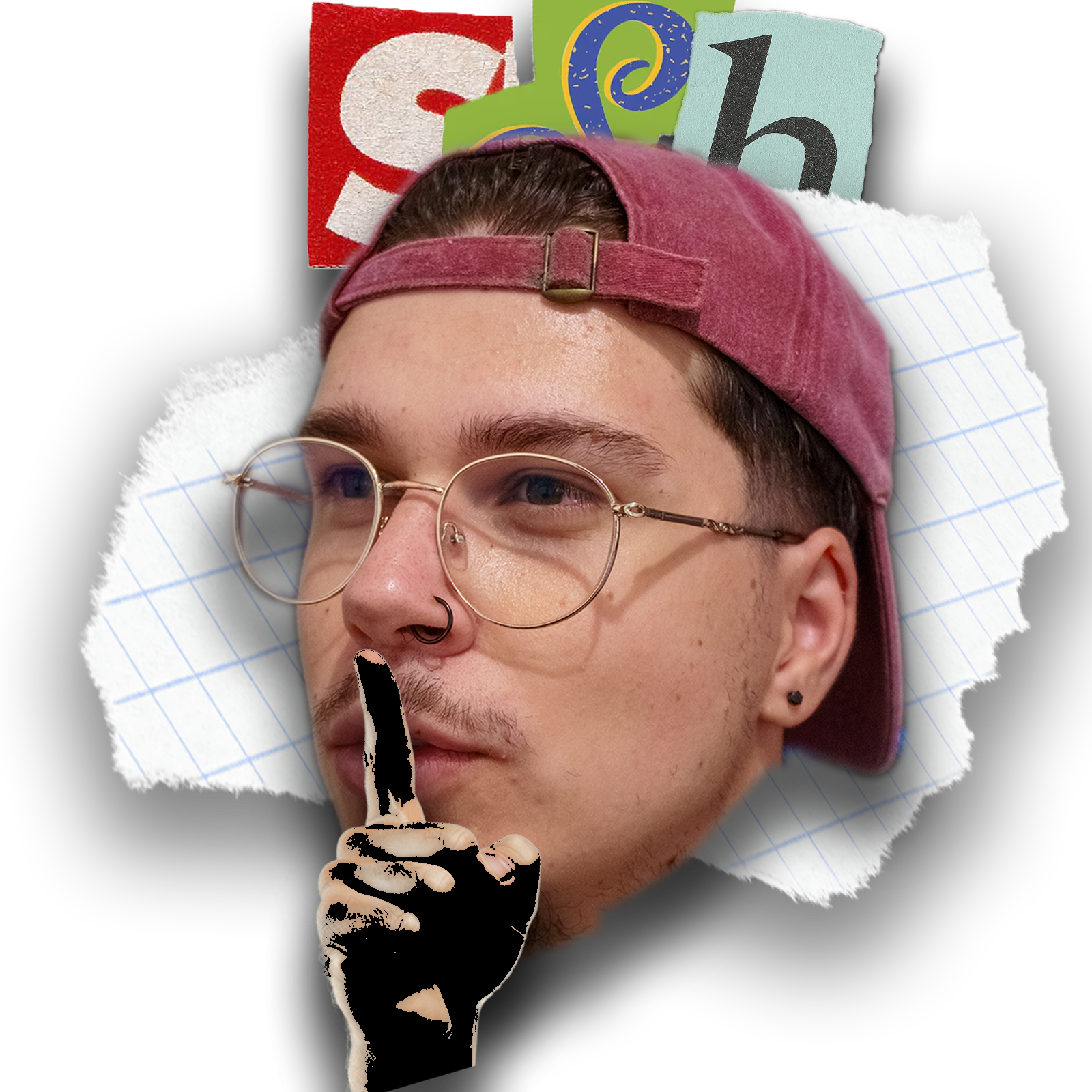 The logo for alexwav, representing his face on a paper, along with letters and a hand gesture representing the silence.
