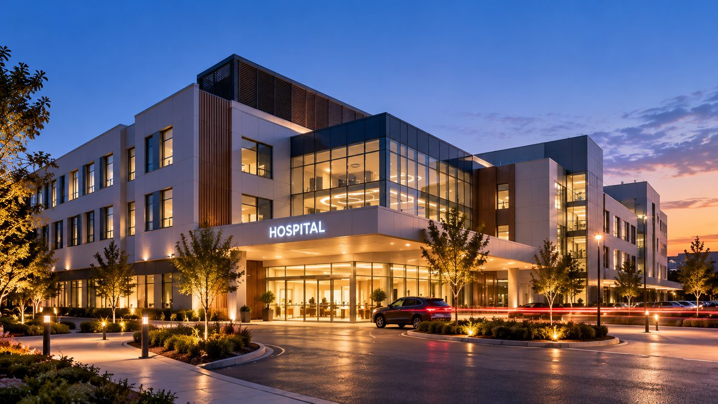 Modern hospital building with visitor parking at dusk