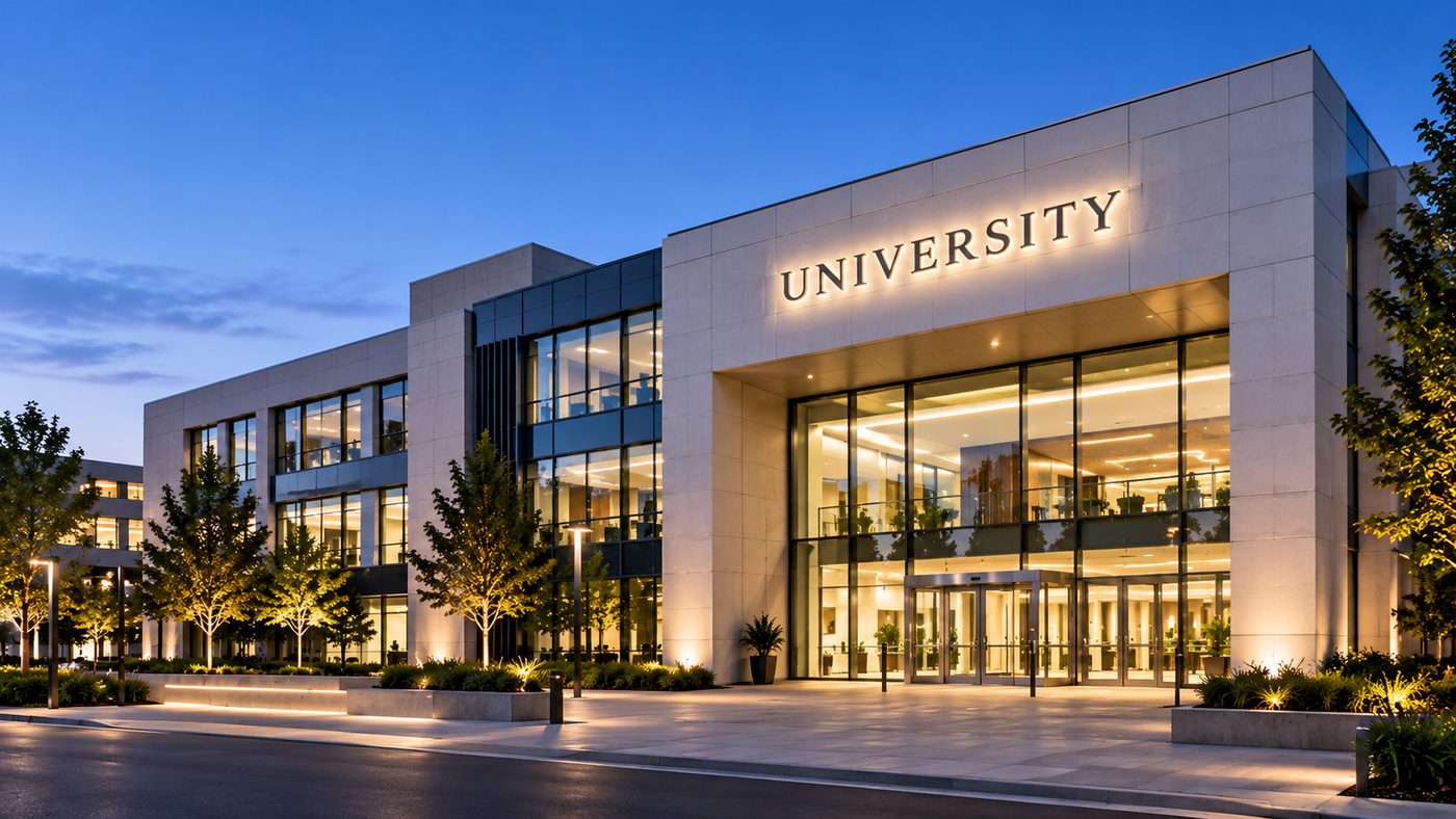 University campus building at dusk