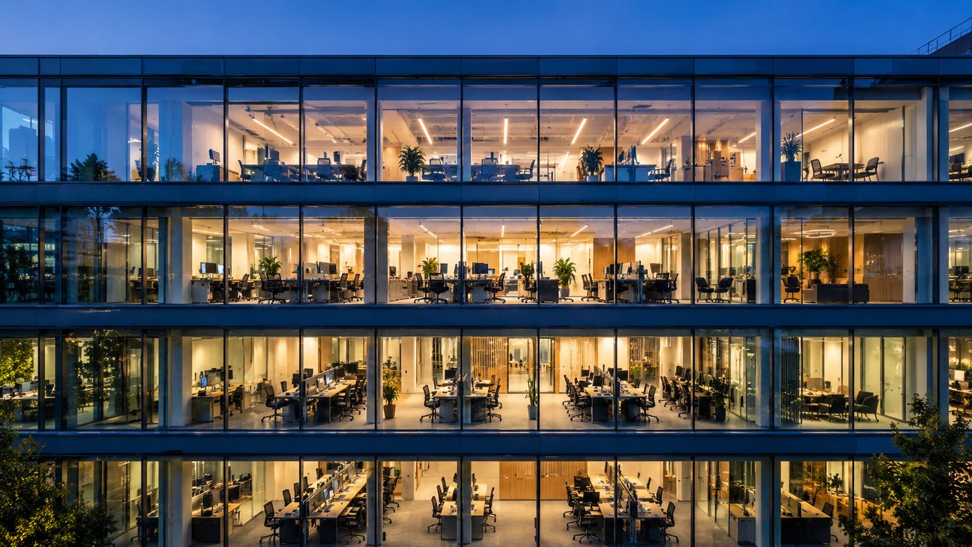 Office building with illuminated open-plan floors