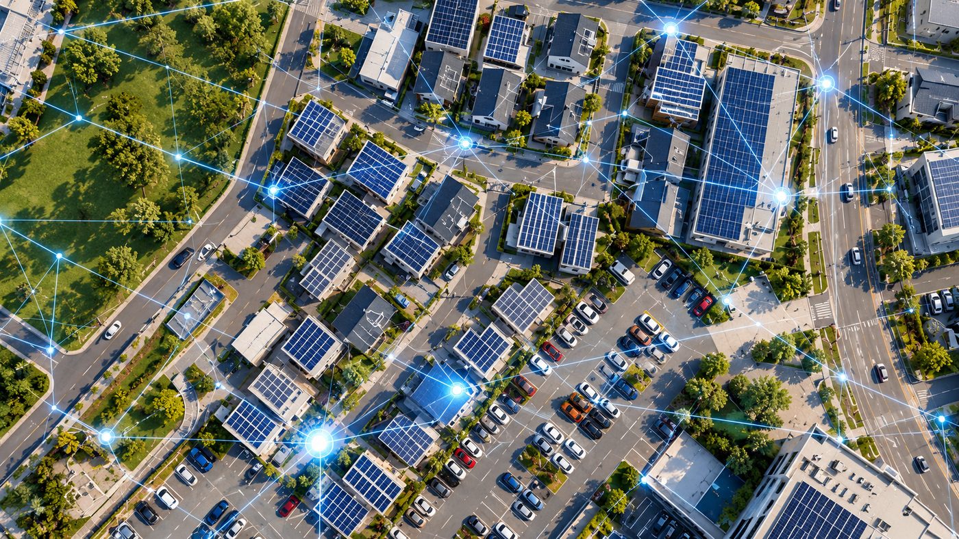 Aerial view of a connected smart city district with parking