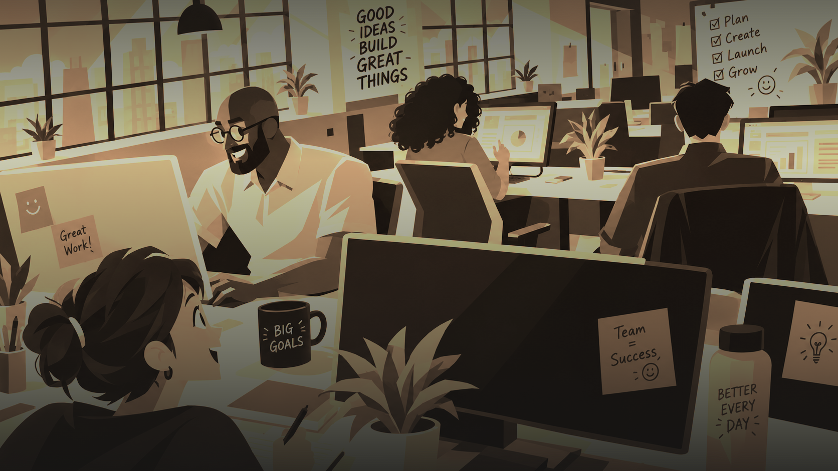 Illustration of a lively office with four coworkers focused on their computers, surrounded by plants and motivational notes like 'Good ideas build great things,' 'Great work!,' and 'Team = Success' on screens and walls.