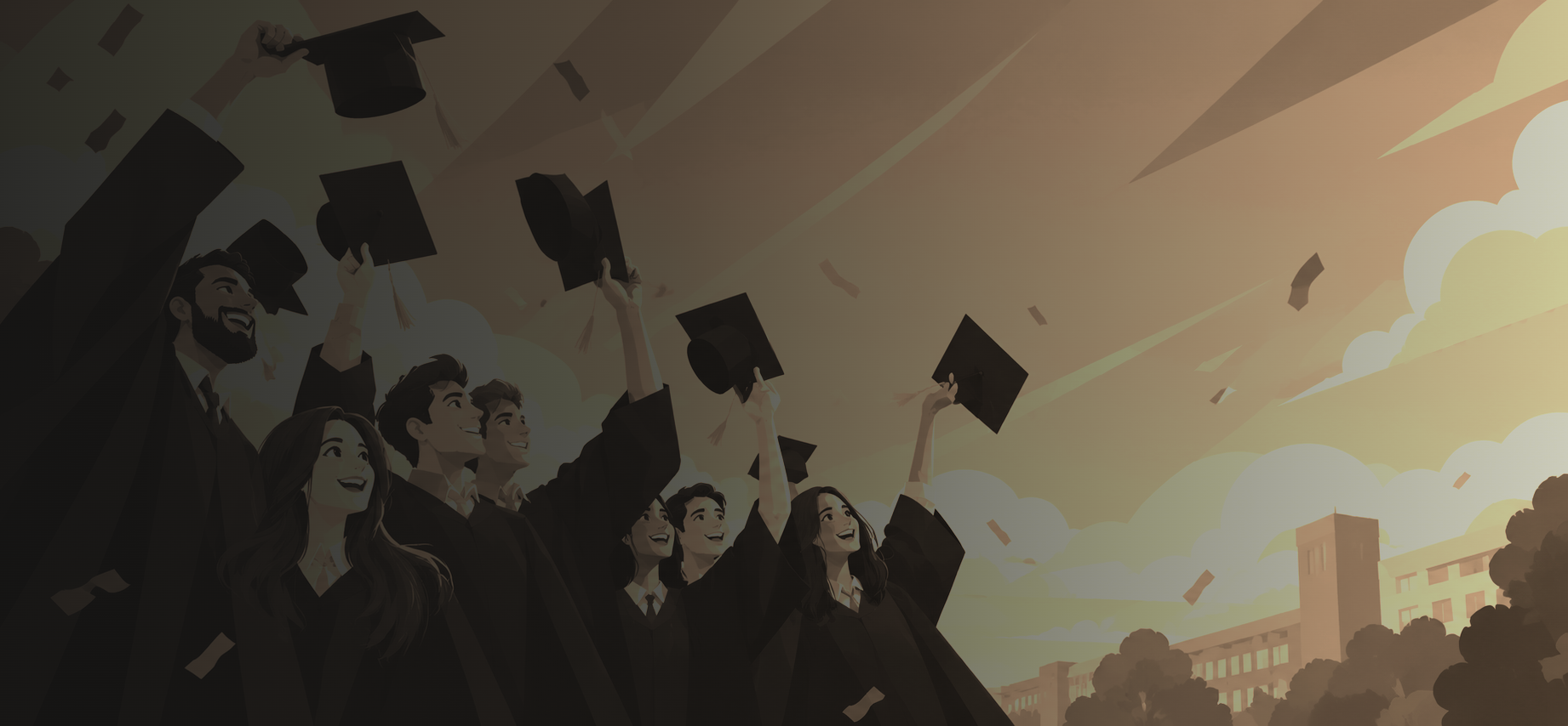 A group of happy graduates in black robes throwing their mortarboard caps into the air outdoors with a school building and trees in the background under a bright sky.