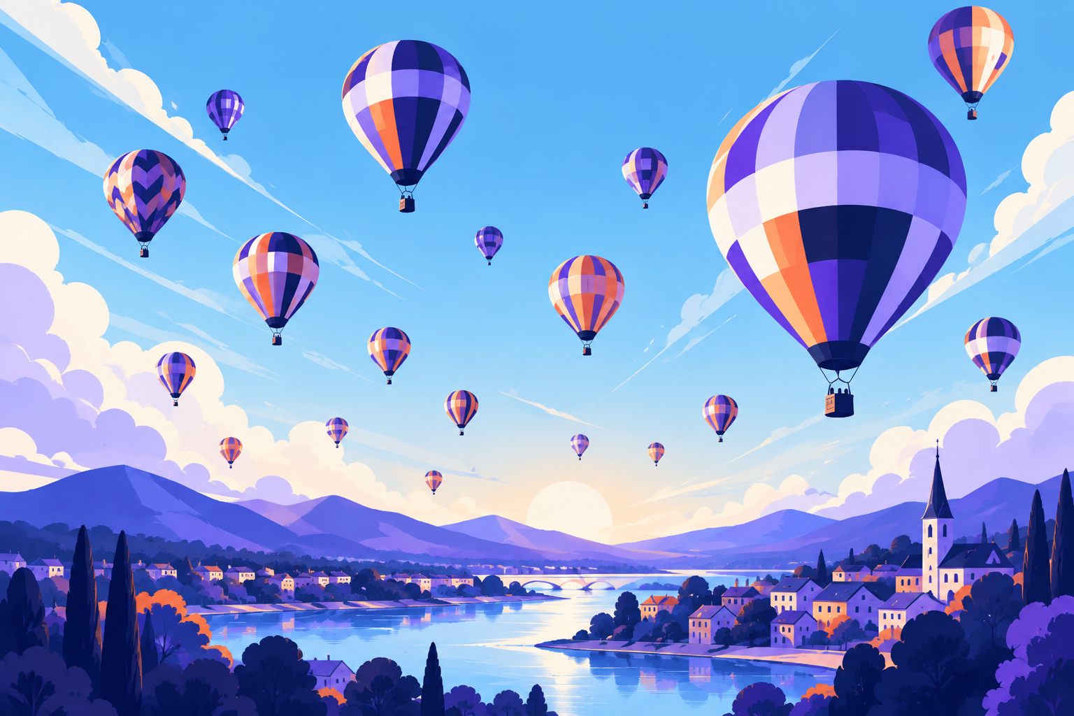 Colorful hot air balloons with purple, blue, and orange patterns floating over a river and a village with houses and a church steeple at sunset, with mountains and a clear sky in the background.