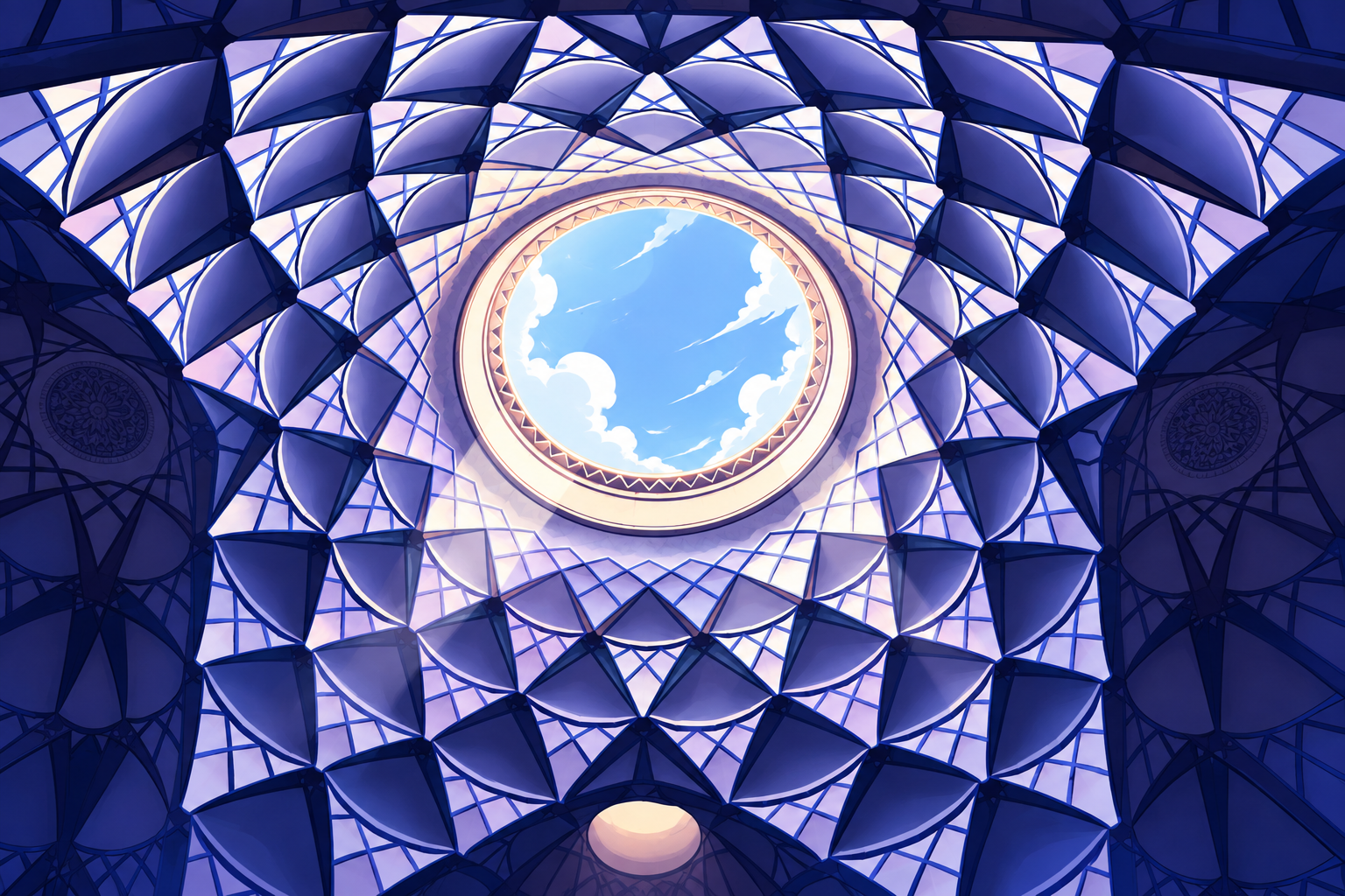 View looking up through an intricate blue and purple geometric dome with a circular opening at the center showing a bright blue sky with white clouds.