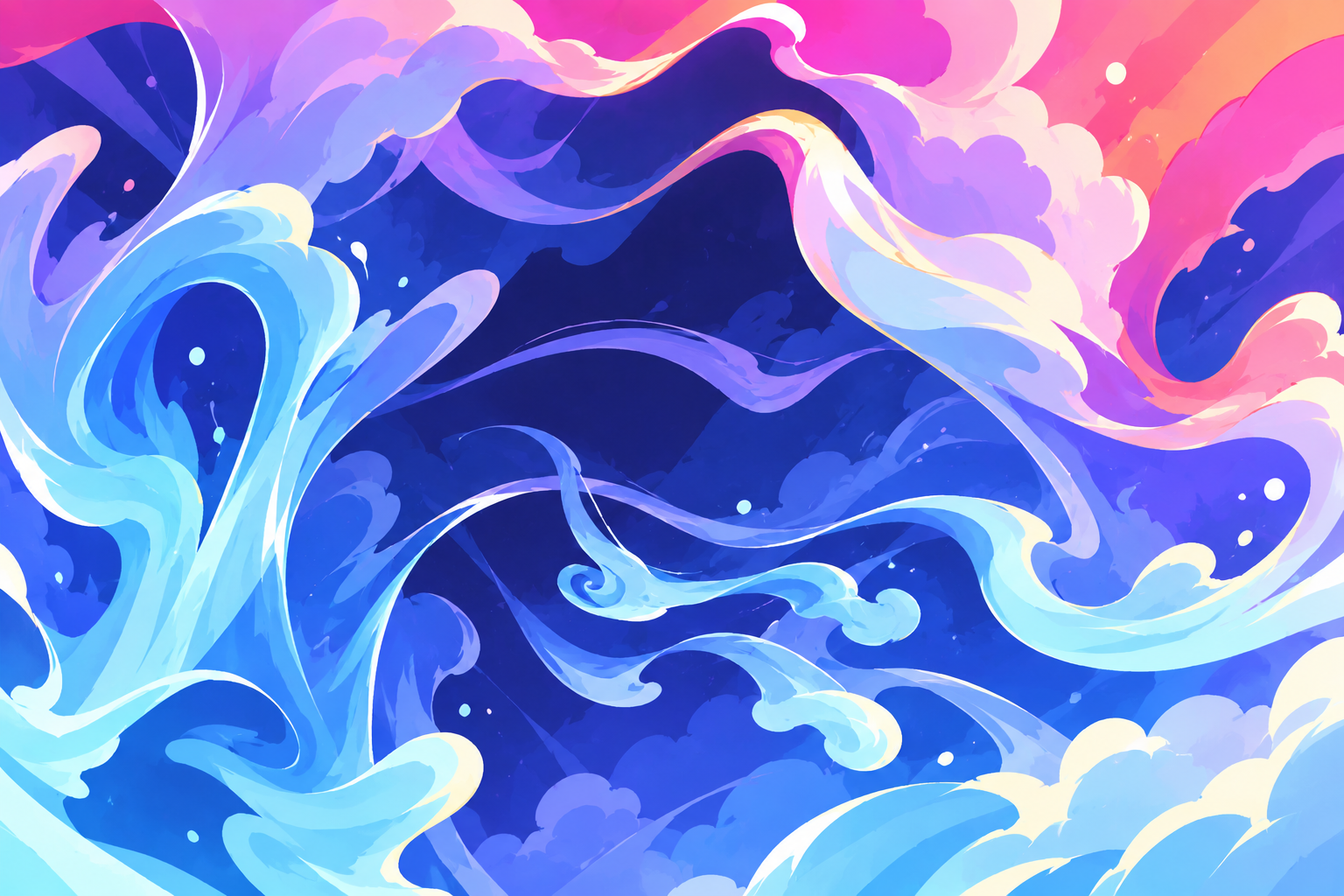 Abstract digital artwork featuring swirling, flowing waves and clouds in vibrant shades of blue, purple, pink, and orange blending smoothly together.
