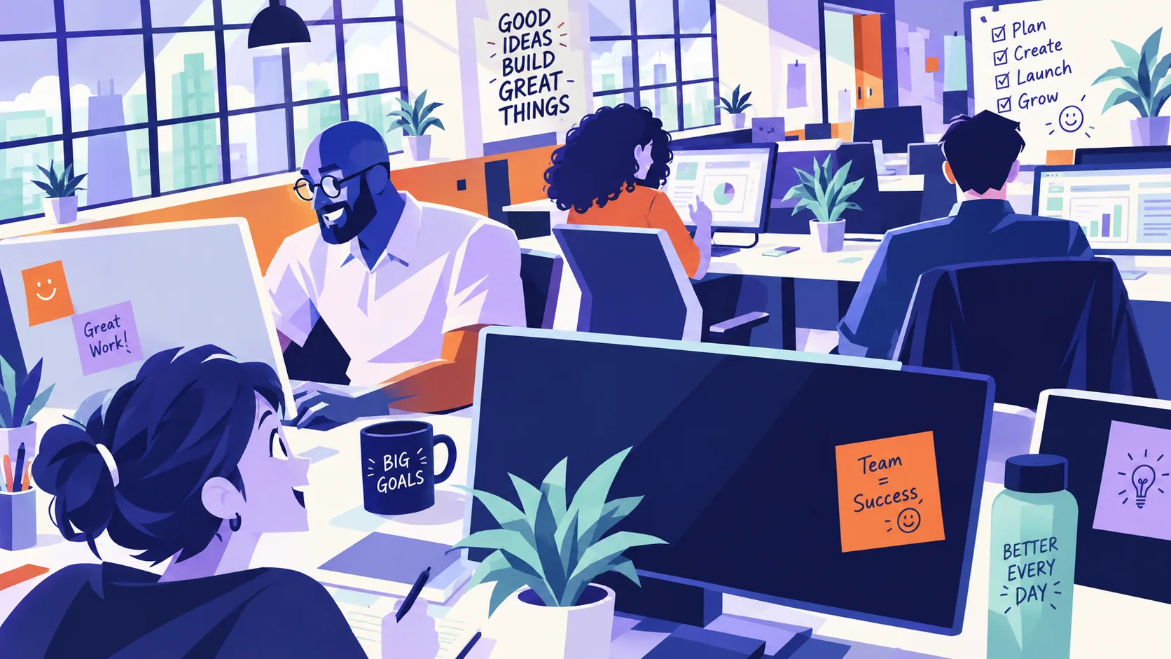 Illustration of a bright, modern office with diverse coworkers at desks using computers surrounded by motivational notes and plants, including messages like 'Good ideas build great things,' 'Team = Success,' and 'Better every day.'