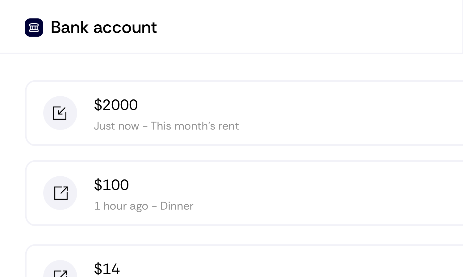 Bank account showing recent transactions: $2000 rent just now, $100 dinner one hour ago, $14 other.