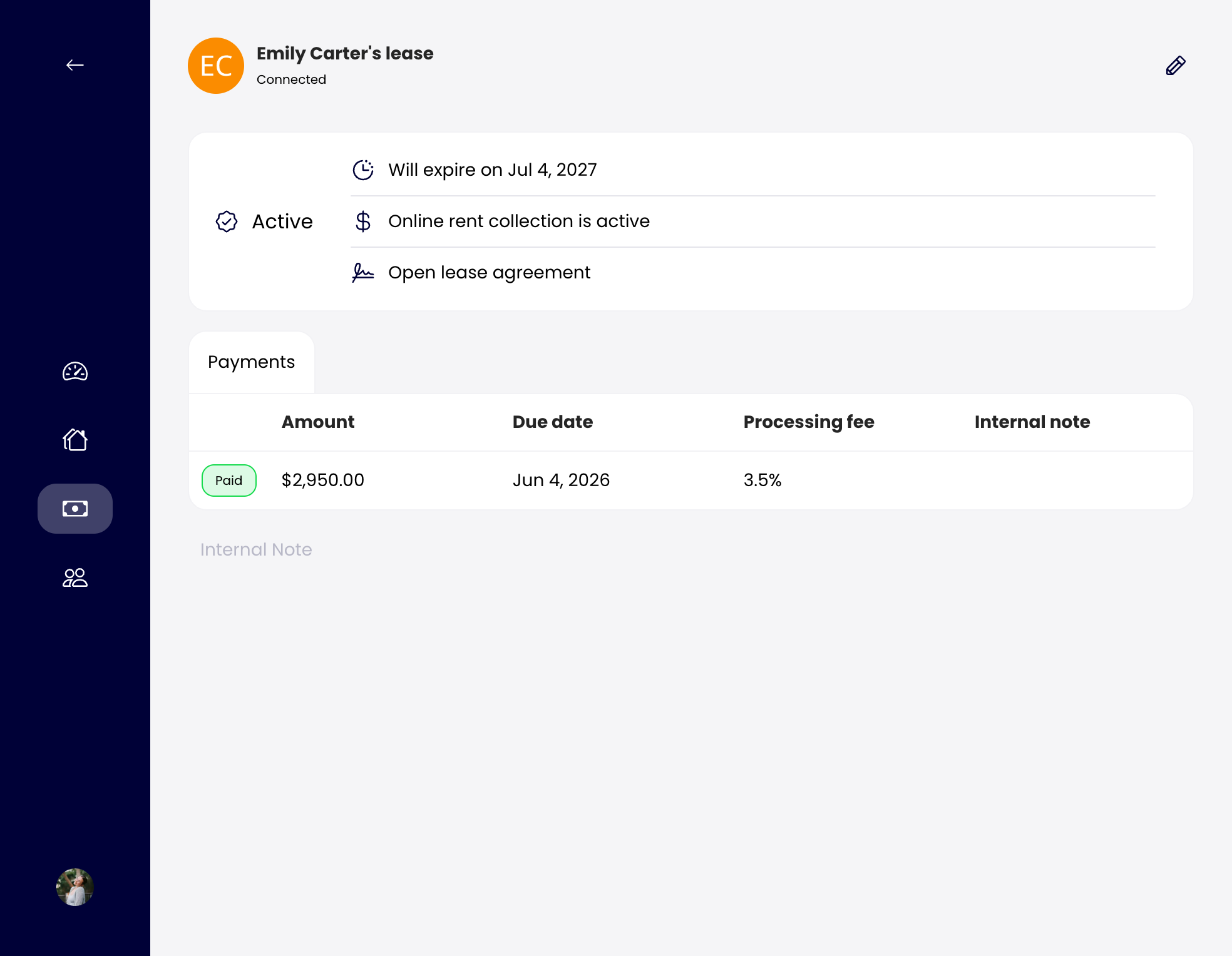 Emily Carter's active lease, expiring July 4, 2027, with paid $2,950 rent due June 4, 2026, at 3.5% fee.