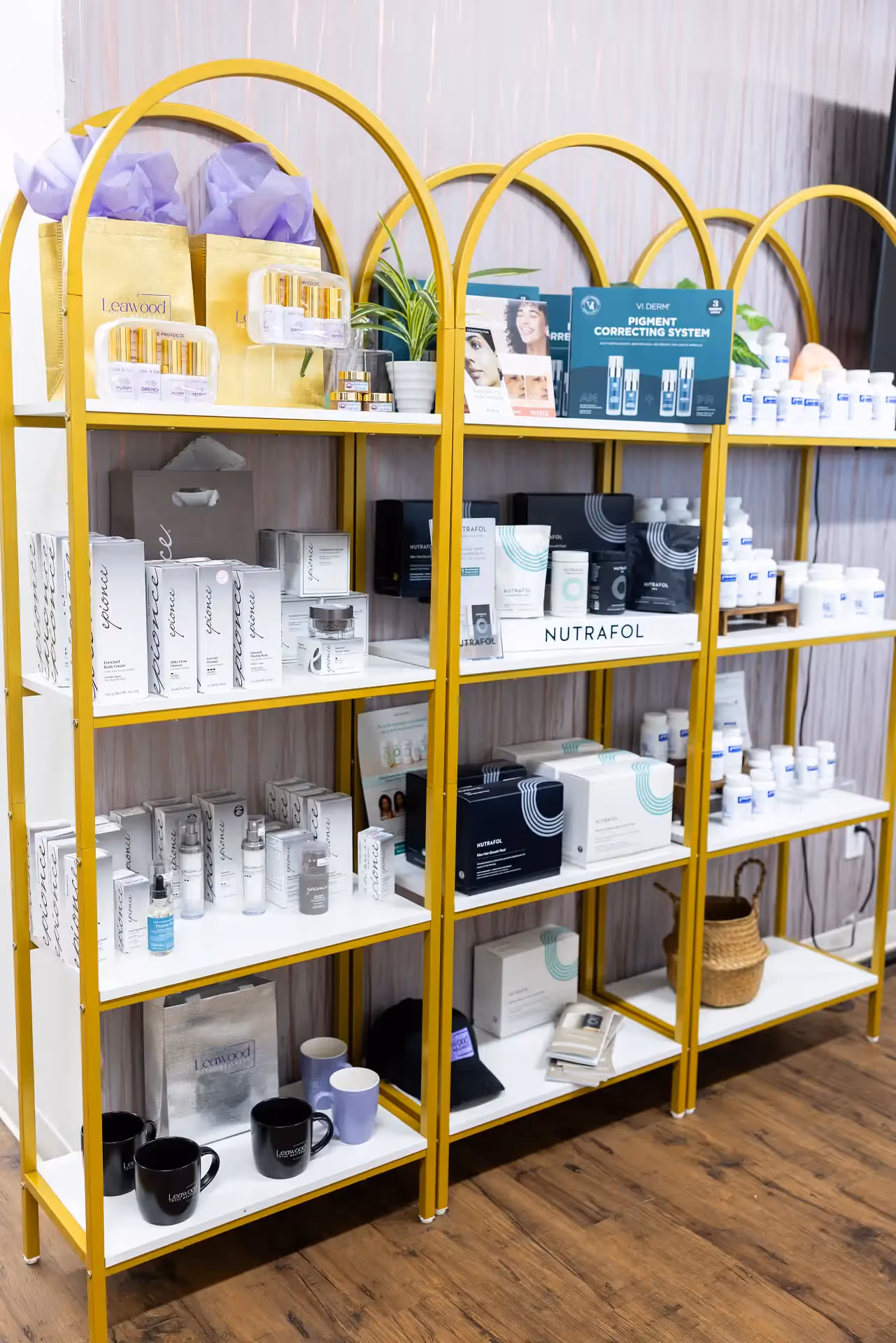 Medical-grade skincare products displayed at Leawood Total Wellness in Leawood, Kansas, serving patients throughout Johnson County.