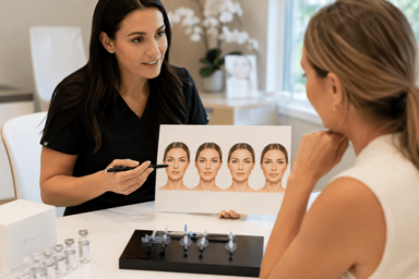  Patient consulting with an aesthetic provider about Botox, dermal fillers, and Sculptra for natural-looking facial rejuvenation in Leawood, Kansas.