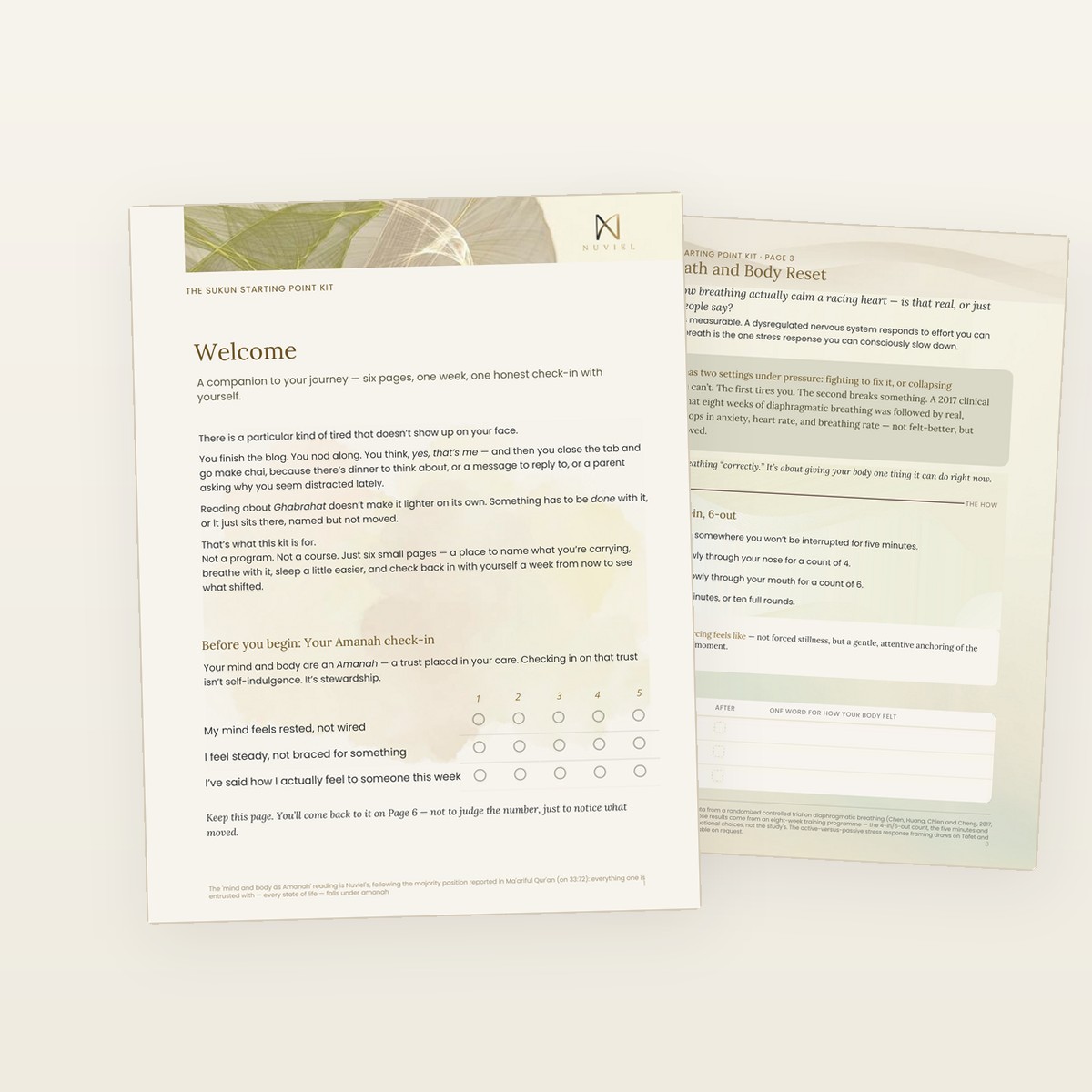 The Sukun Starting Point Kit — two pages from the free 7-day reset