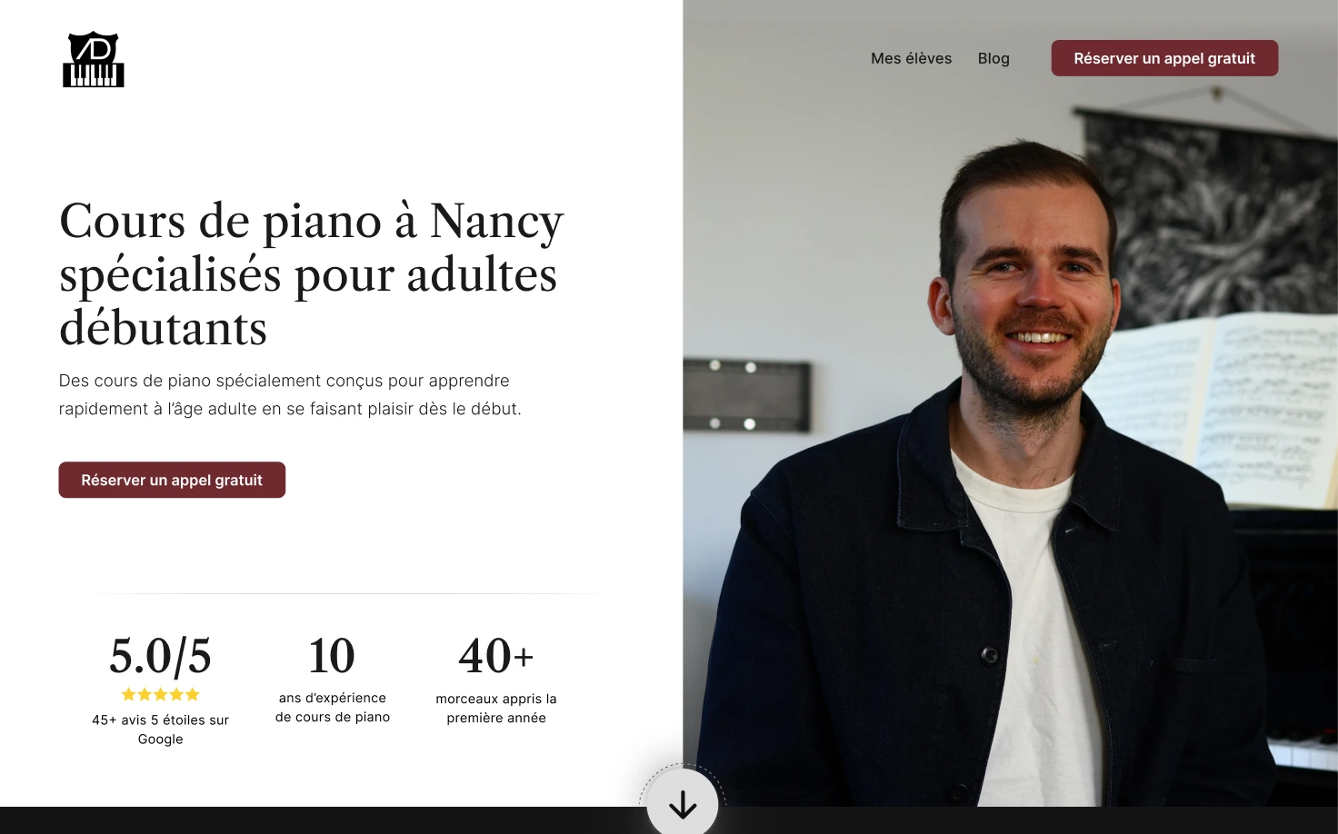 Capture d'écran du site Cours de piano Nancy conçu pour une activité locale.