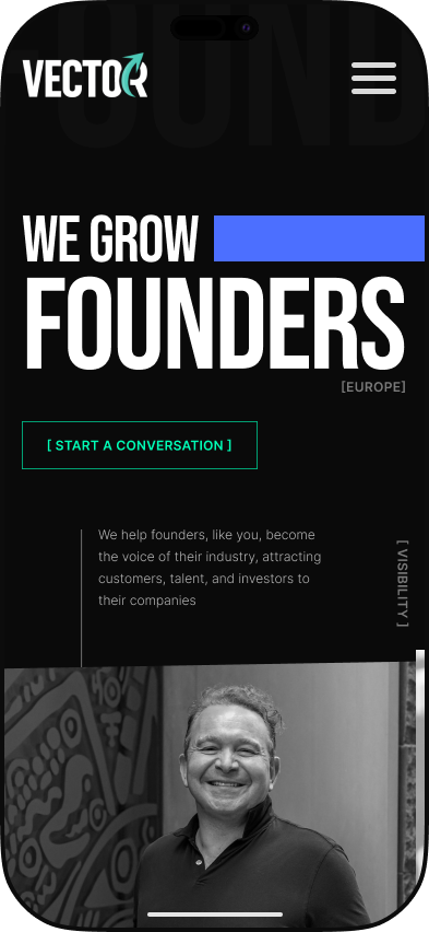 Version mobile du site fictif d’une agence marketing pour fondateurs.