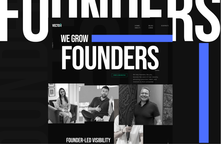 Page d’accueil sombre d’une agence marketing fictive pour fondateurs, avec grande typographie blanche et portraits en noir et blanc.
