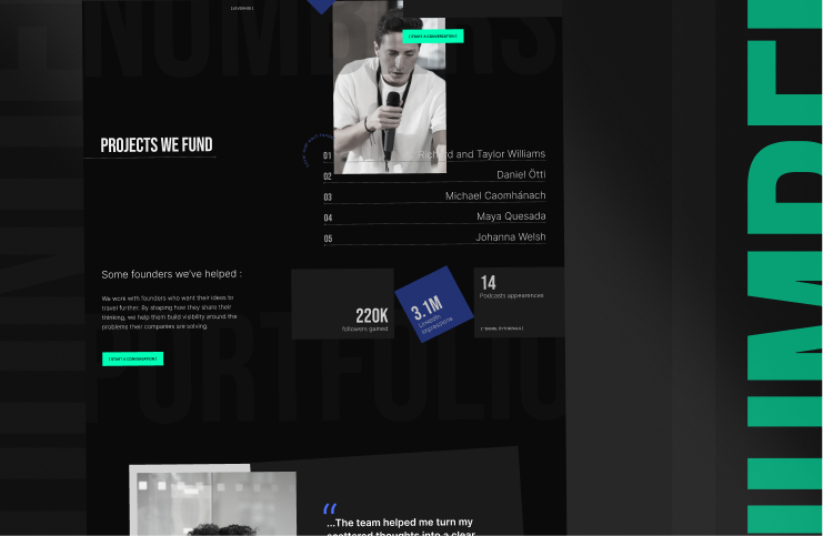 Section de site présentant des projets marketing, des fondateurs et des résultats chiffrés sur fond sombre.