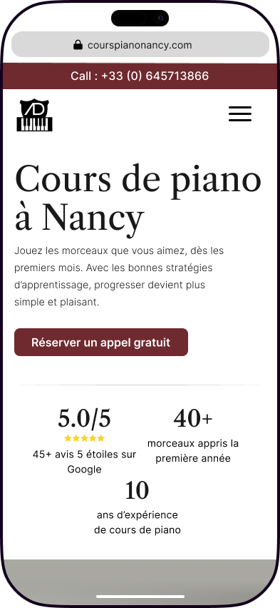 Version mobile du site de cours de piano à Nancy.