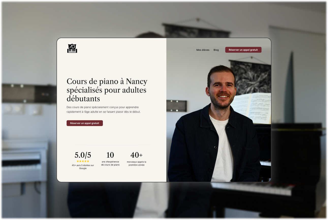 Page d’accueil d’un site de cours de piano à Nancy avec photo de piano, titre principal et bouton de prise de contact.