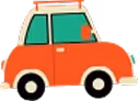 Cartoon-style orange car with teal windows and black wheels.