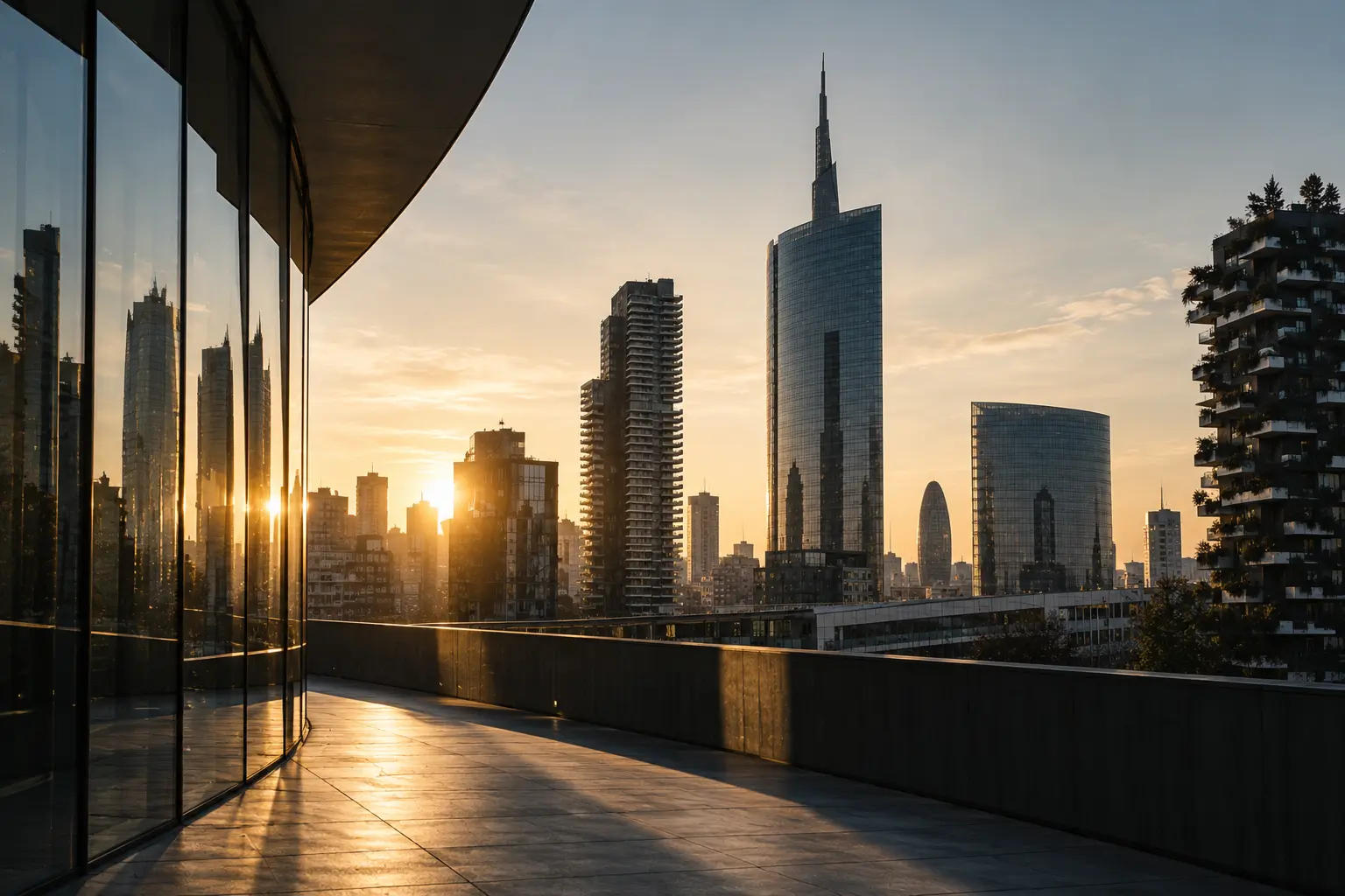 Tramonto sulla skyline di Milano con edifici moderni e riflessi di luce sulle finestre di un palazzo curvo, con piante visibili su un edificio a destra.