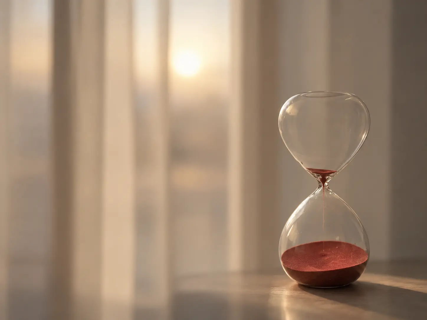 Clessidra di vetro con sabbia rossa che scorre dalla parte superiore a quella inferiore, posizionata su una superficie con luce calda e sfondo sfocato di tende e finestra.