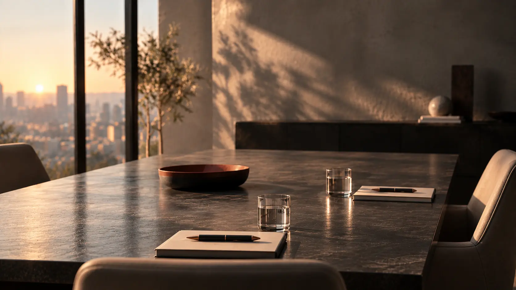 Sala riunioni elegante con grande tavolo scuro, due sedie, taccuini con penne e bicchieri d'acqua, illuminata dalla luce calda del tramonto con vista sulla città attraverso le grandi finestre.