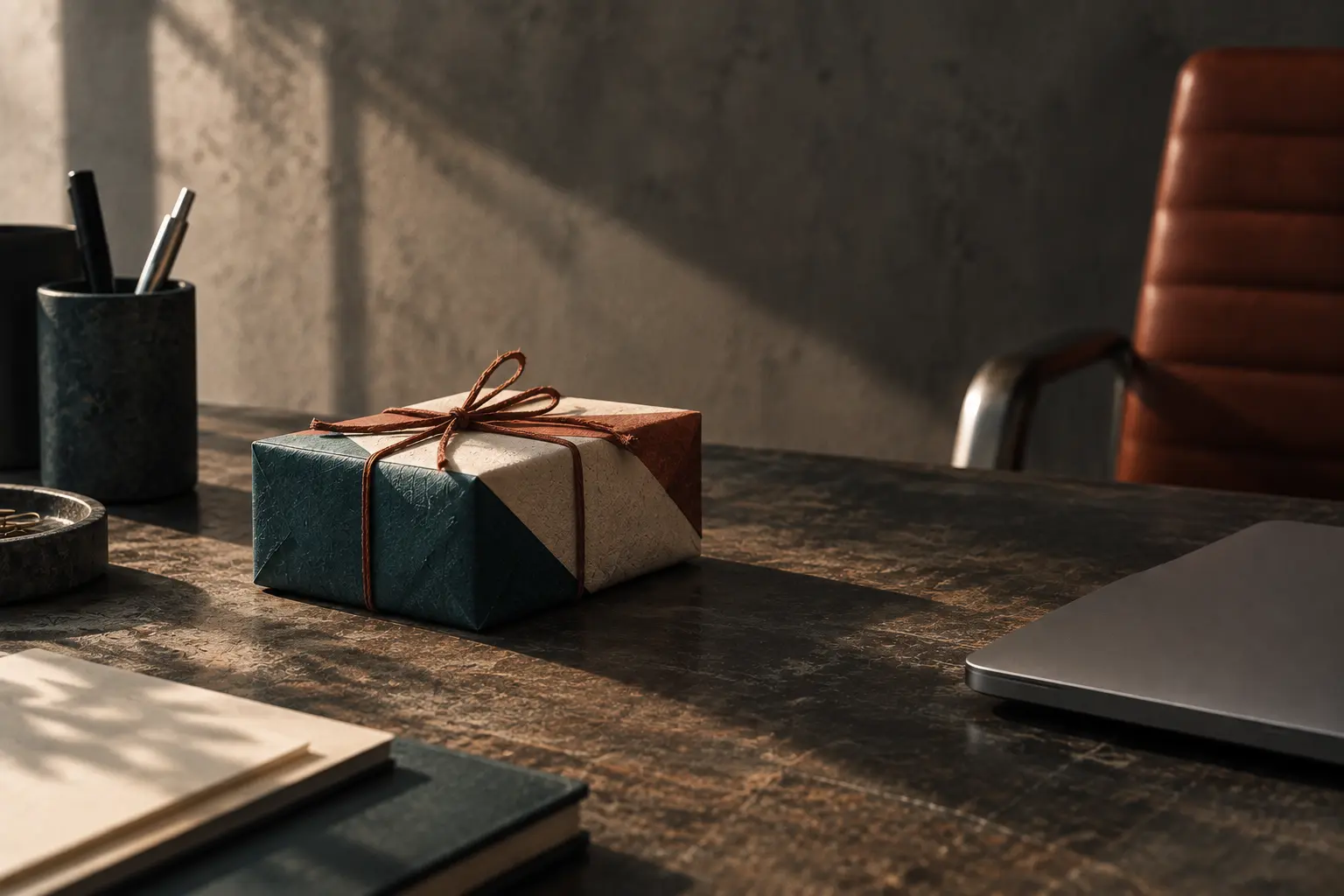 Pacco regalo con carta colorata e nastro legato su una scrivania con libri, penne in supporto e un laptop chiuso, illuminati da luce naturale.