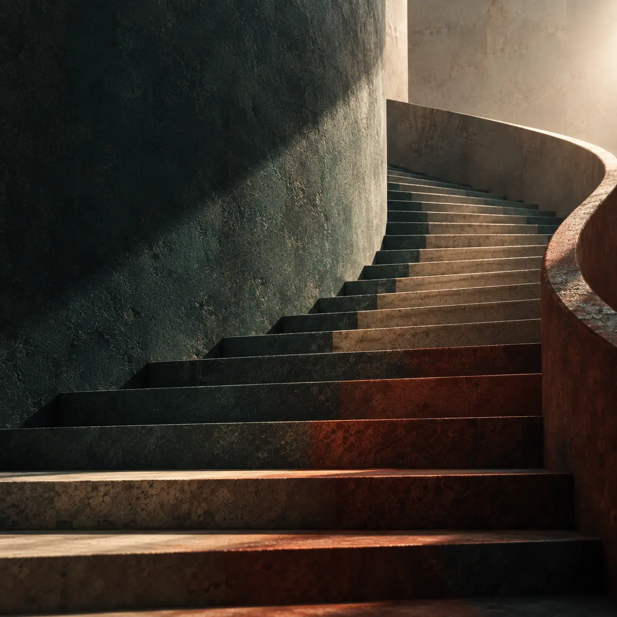 Scalinata moderna in cemento con parapetto curvo illuminata da luce calda che crea ombre marcate sulle pareti.