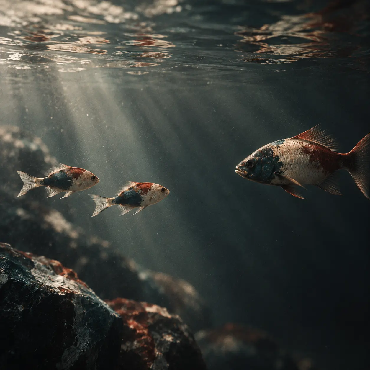 Tre pesci colorati con macchie rosse e blu nuotano sott'acqua tra rocce scure mentre raggi di luce filtrano dalla superficie.