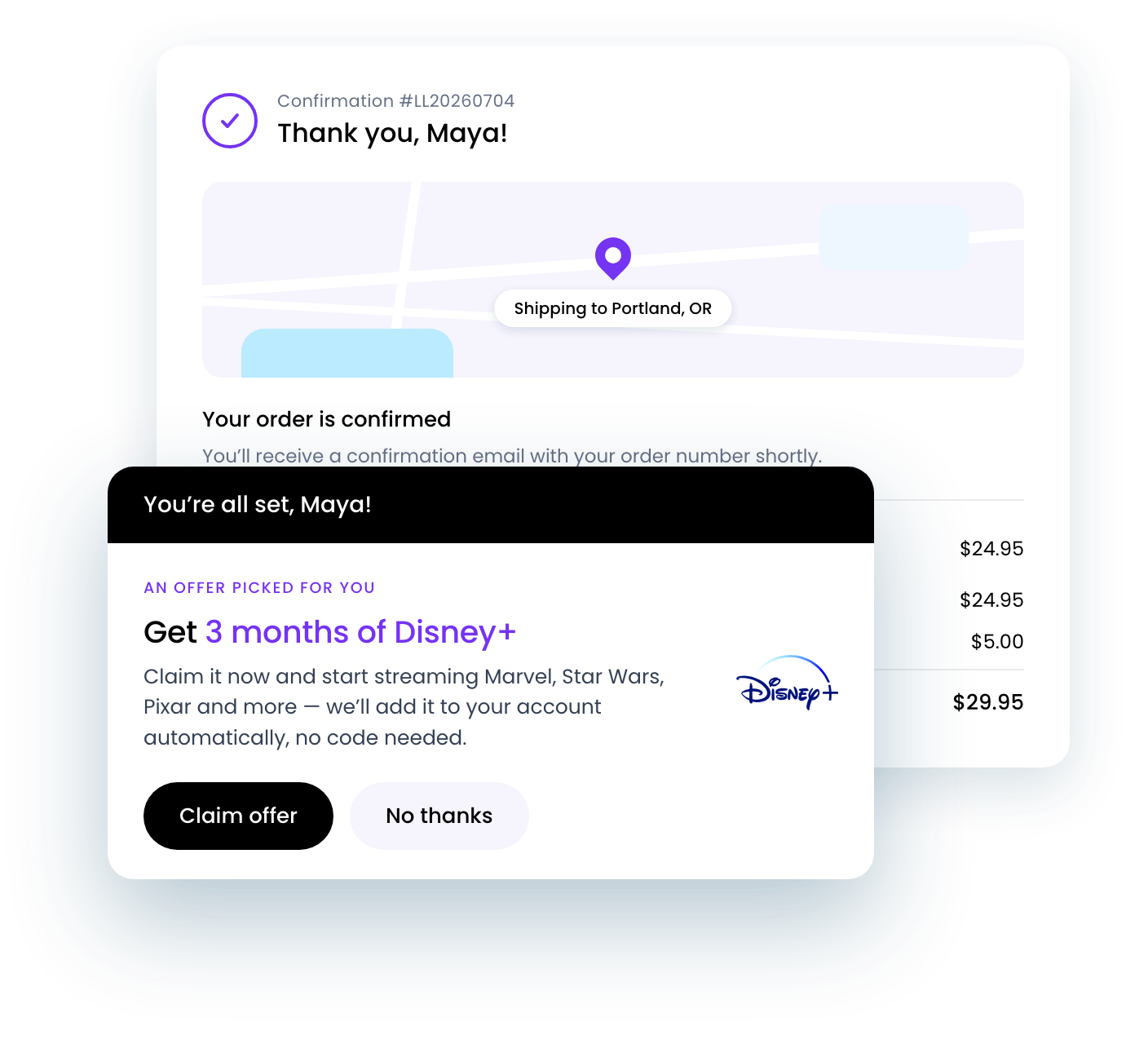 A merchant order confirmation page with a LoyaltyLion Unlock dialog offering a $15 reward