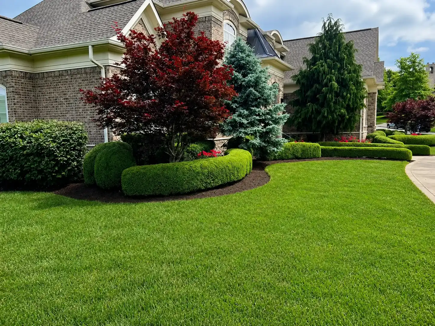 Person working on landscaping in front of a white house with black door and garage, surrounded by plants and gardening tools.