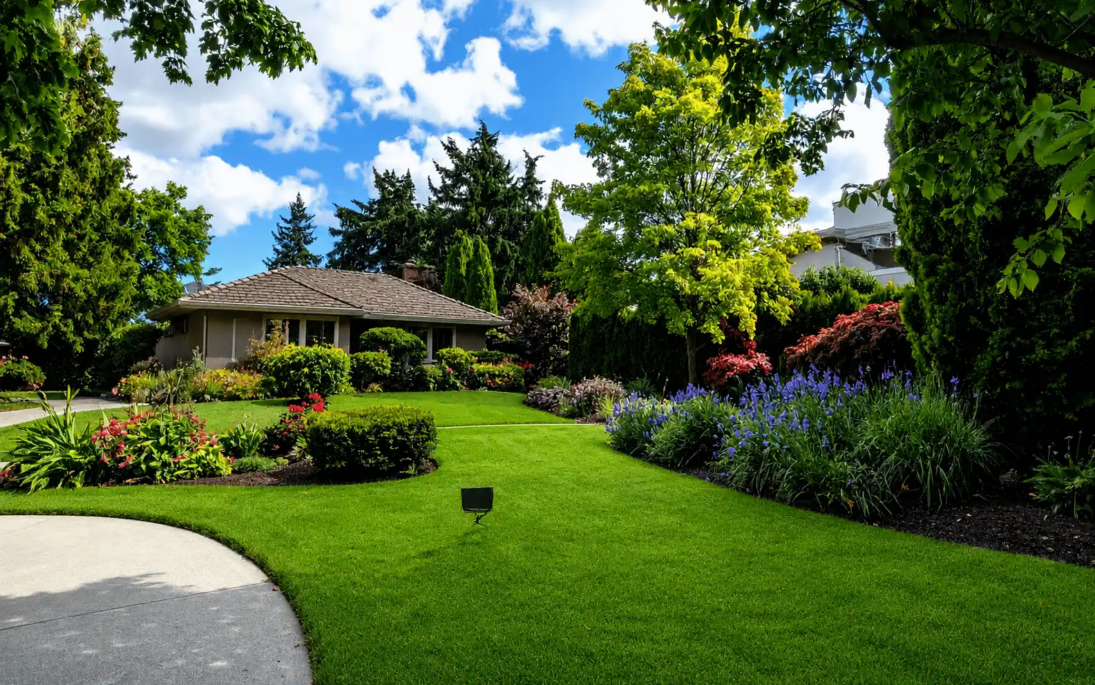 Front yard of a house with a tall palm tree, green grass patches, a stone border by the walkway, and a concrete driveway.