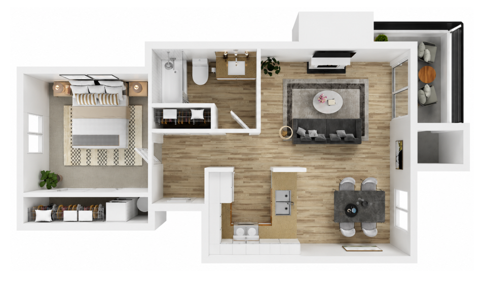 One bedroom one bathroom floor plan 3D schematic for Windstone Apartments in Everett, WA.
