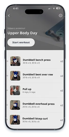 Renew app showing an Upper Body Day workout with exercise videos