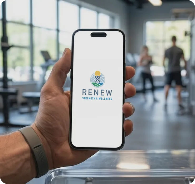 Holding a phone with the Renew Strength & Wellness app open in the gym