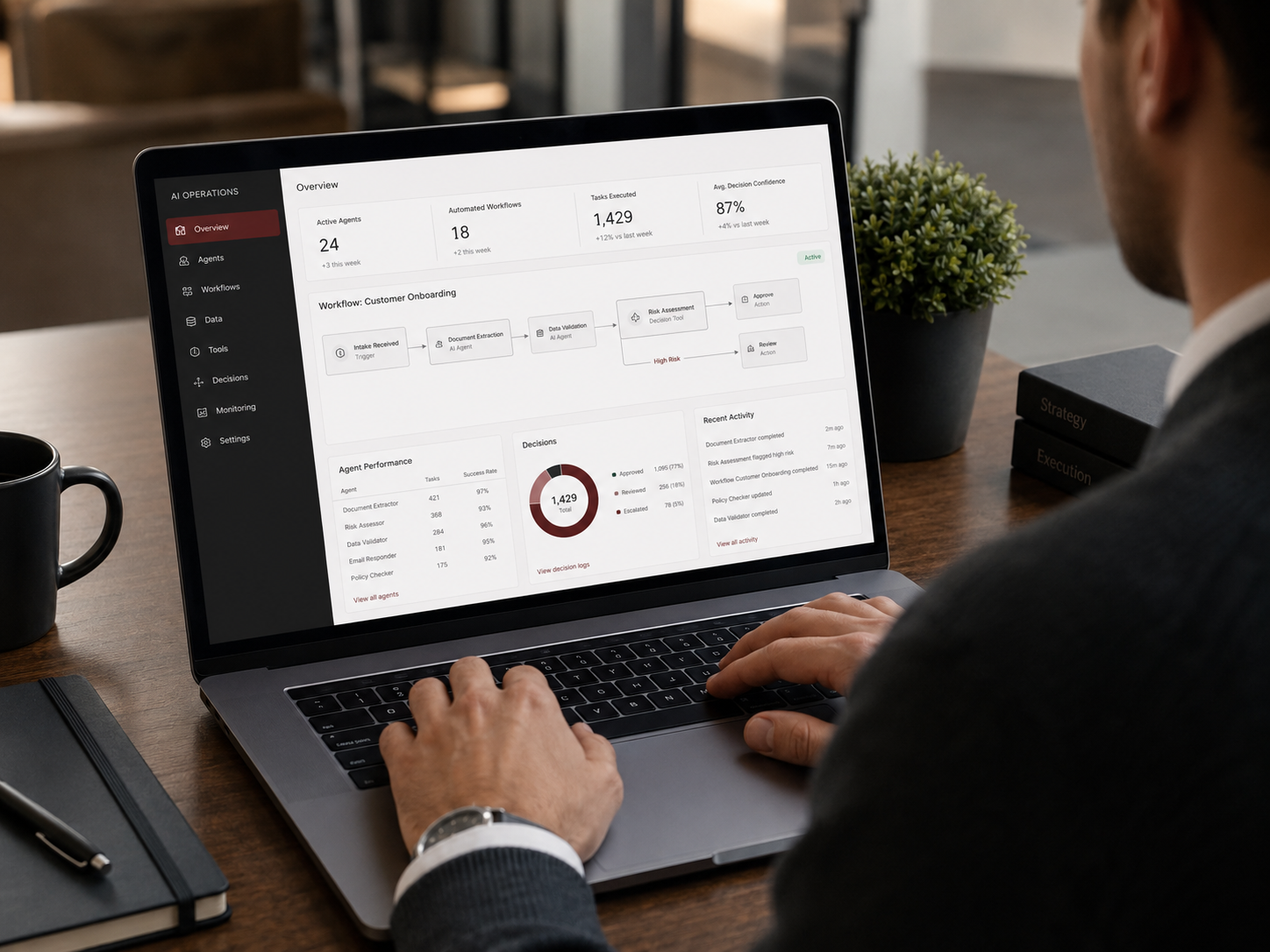Person working on laptop showing AI operations dashboard with workflow and performance metrics.