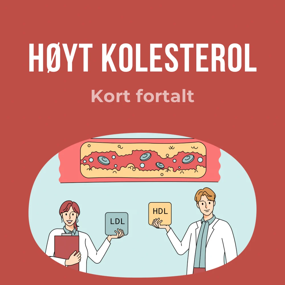 Illustrasjon av helsepersonell som holder skilt merket LDL og HDL. Tekst: «Høyt kolesterol — kort fortalt»
