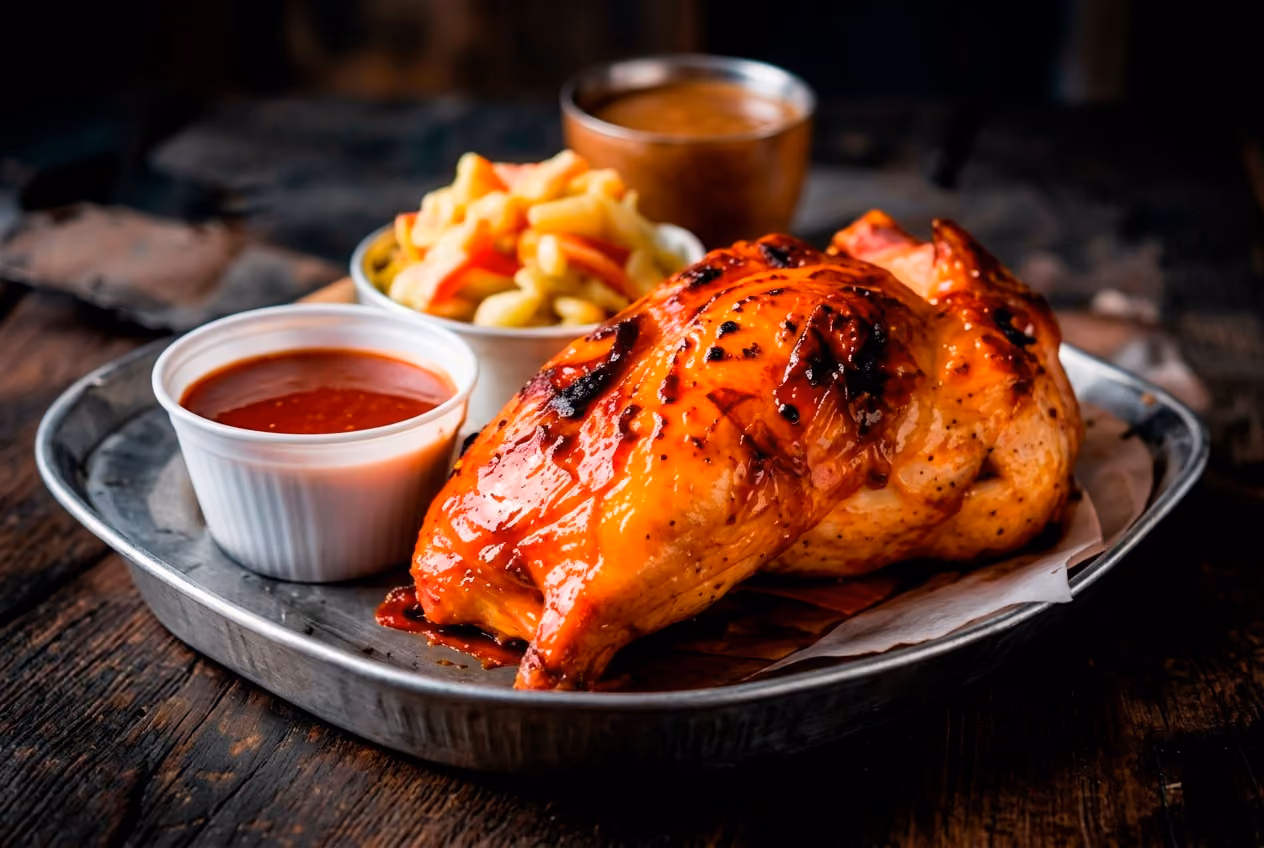 Grilled roasted chicken with barbecue sauce, macaroni salad, and brown sauce on a metal plate.